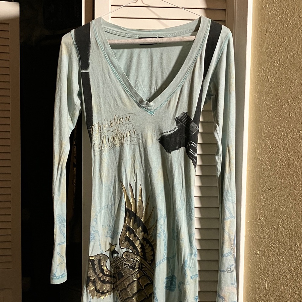 Christian Audigier Pale Aqua T Shirt Dress Sz XS